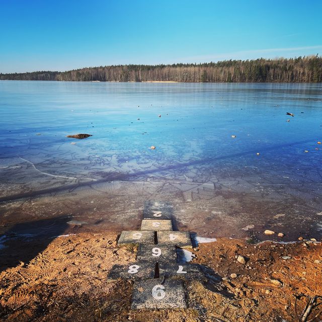 Skogssjö nära stugan med en tyst badbrygga